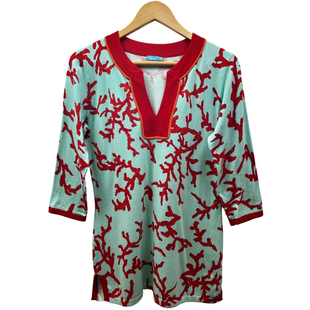 J. McLaughlin Tunic Top Women M Aqua‎ Red Coral Pattern Coastal Aesthetic Chic